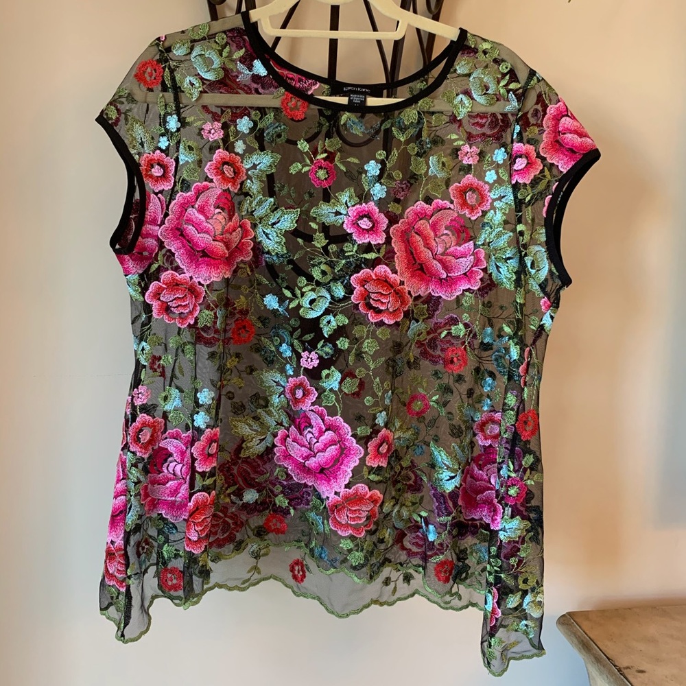 Karen Kane Embroidered Fishnet Top